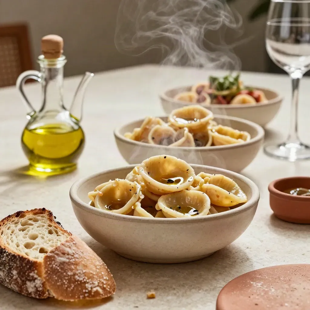 Orecchiette, pane rustico e olio locale su tavola pugliese fumante.