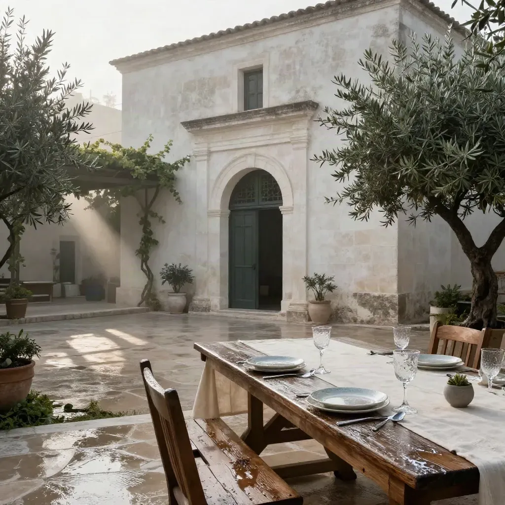 Corte della masseria al mattino con pietra chiara, portico ad arco, ulivi e tavola apparecchiata dopo la pioggia.