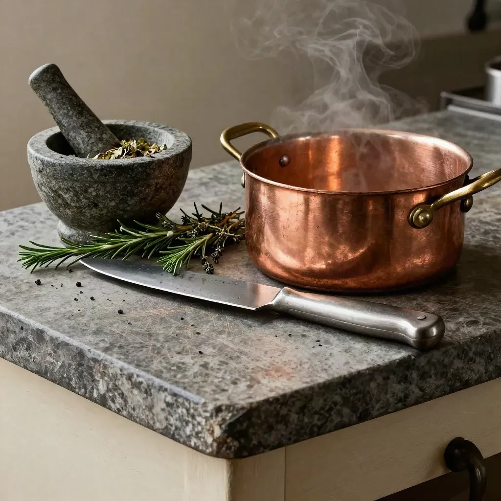 Coltello da chef, casseruola in rame, mortaio ed erbe su piano di pietra