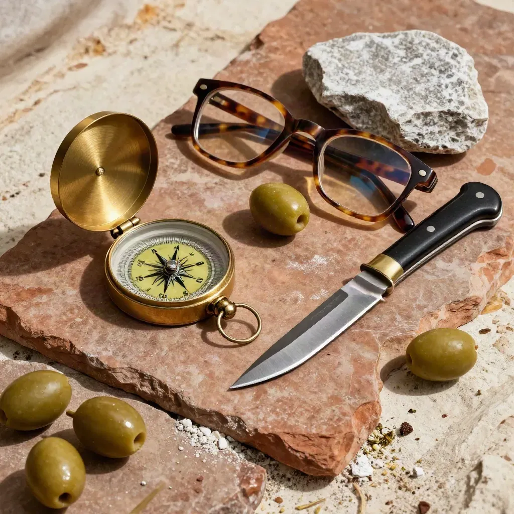Bussola in ottone, occhiali piegati, olive e coltello su pietra locale, in diagonale.