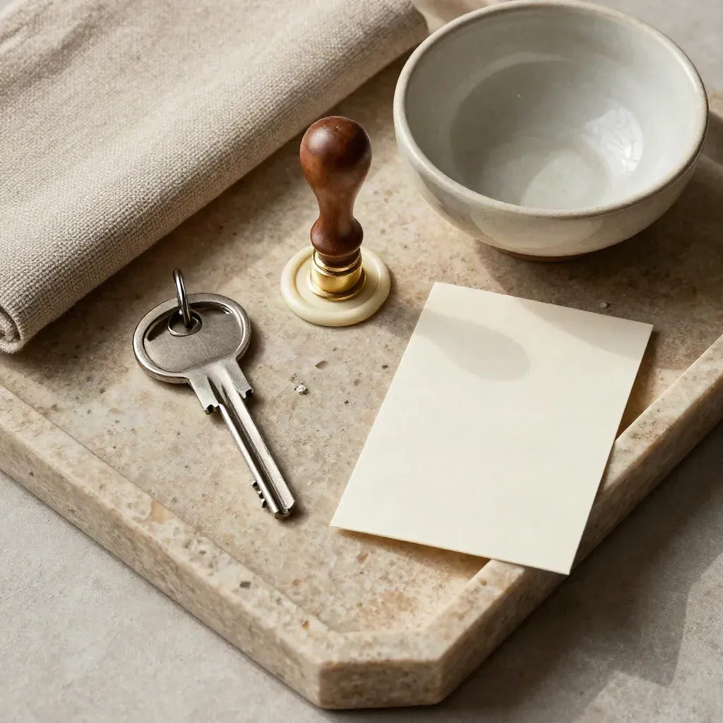 Chiavi, sigillo in cera, lino e ceramica su vassoio di pietra con cartoncino vuoto.