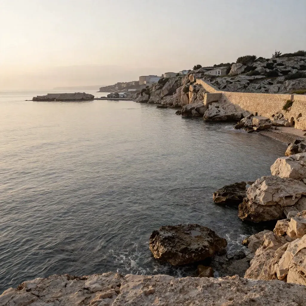 Scogliera adriatica al tramonto con mare calmo, porto lontano e foschia dorata